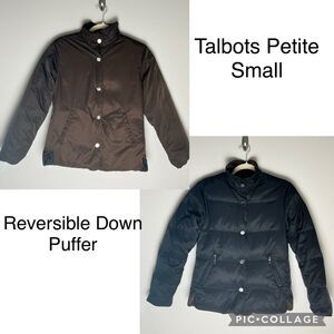 Talbots Womens Down Puffer Snap Jacket Coat Black Brown Reversible Small Petite